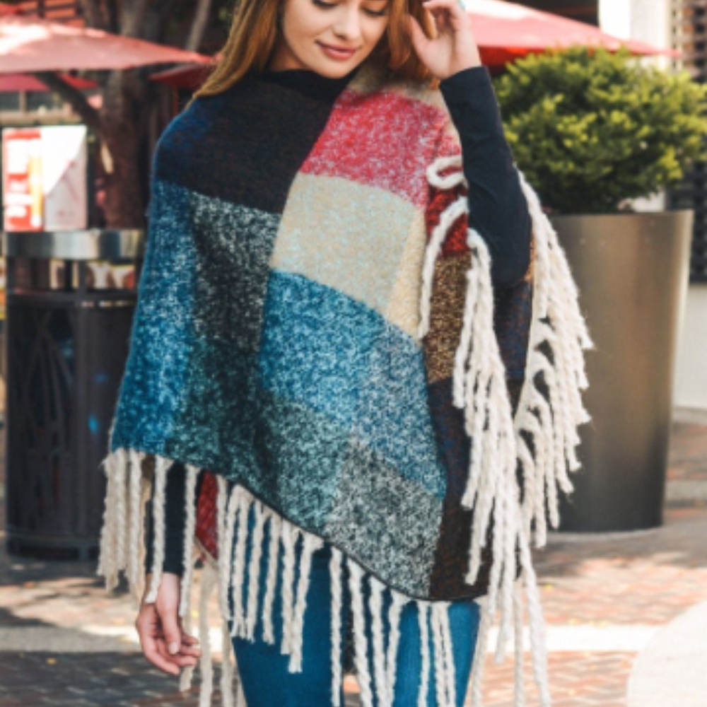 Poncho COLOR BLOCK with fringes women Scarf top